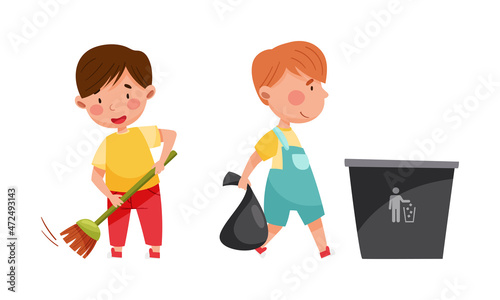 Cute boys sweeping floor and throwing garbage into trash can. Kids helping parents with housework, household chores cartoon vector illustration