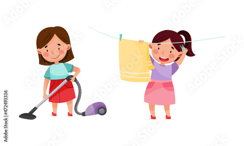Girl hanging clothes out to dry and vacuuming floor. Kids helping parents with housework, household chores cartoon vector illustration