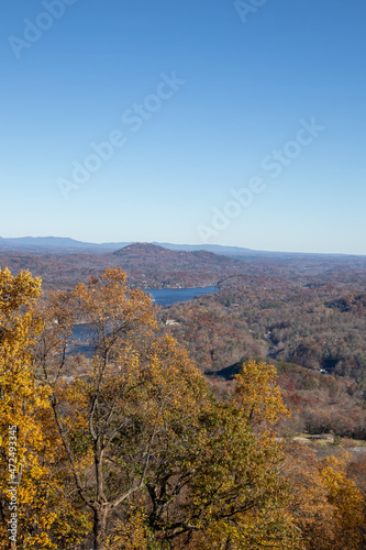 autumn landscape in the mountains. vertical photo of a yellow tree with blue sky and lake at the background