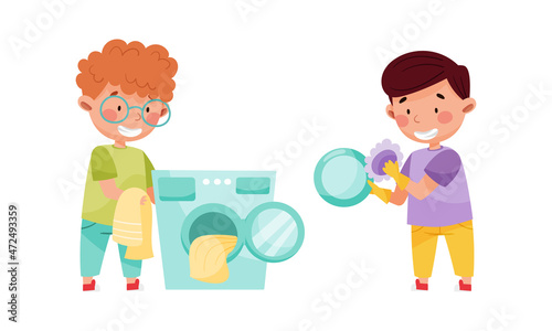 Cute boys doing laundry and washing dishes. Kids helping parents with housework, household chores cartoon vector illustration