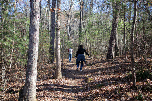 person hiking in forest at fall season.
