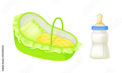 Newborn baby care accessories set. Baby cradle and milk bottle cartoon vector illustration