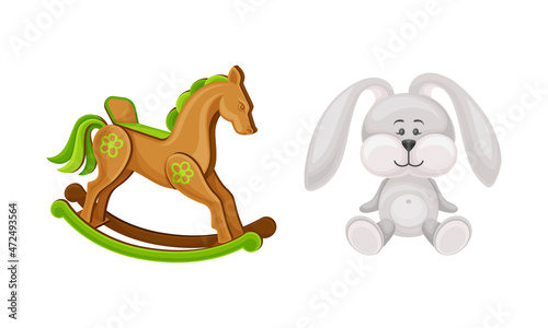 Baby toys set. Rocking horse and bunny cartoon vector illustration