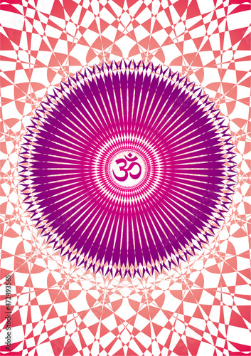Mandala with aum, om, ohm sign in center. Spuritual symbol, Vector graphics.