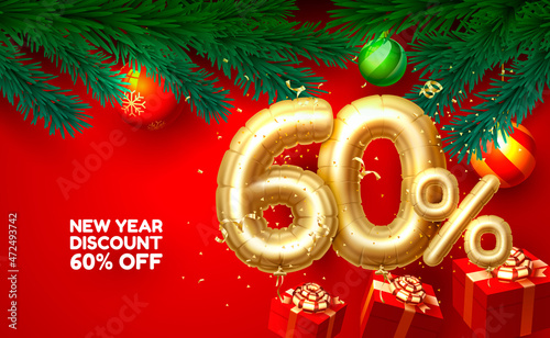Merry Christmas, sale 60 off ballon number on the red background. Vector