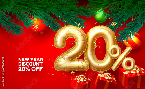 Merry Christmas, sale 20 off ballon number on the red background. Vector