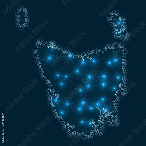 Tasmania network map. Abstract geometric map of the island. Digital connections and telecommunication design. Glowing internet network. Classy vector illustration.