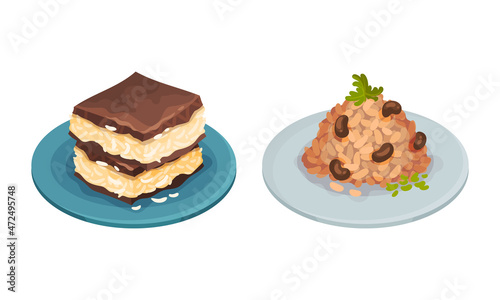 Traditional nutritious tasty dishes served on plates set vector illustration