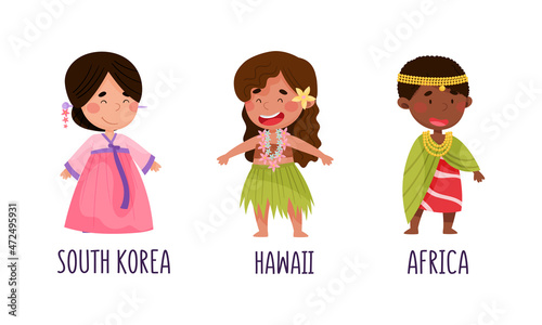 Cute kids in national costumes of different countries set. Children in traditional clothing of South Korea, Hawaii, Africa cartoon vector illustration