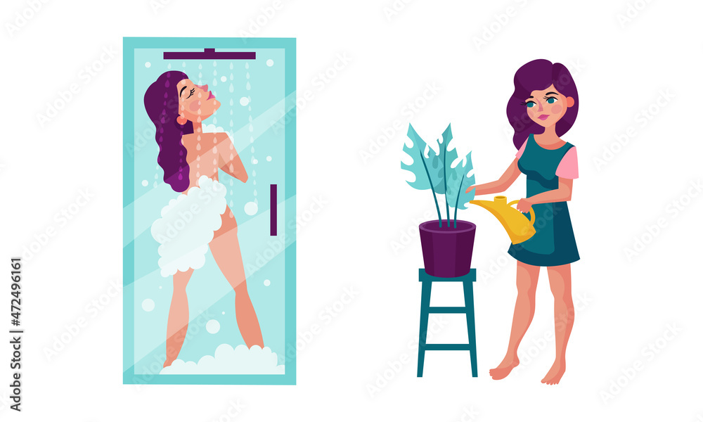 Woman daily routine set. Girl taking shower and watering houseplant cartoon vector illustration Woman daily routine set. Girl taking shower and watering houseplant cartoon vector illustration