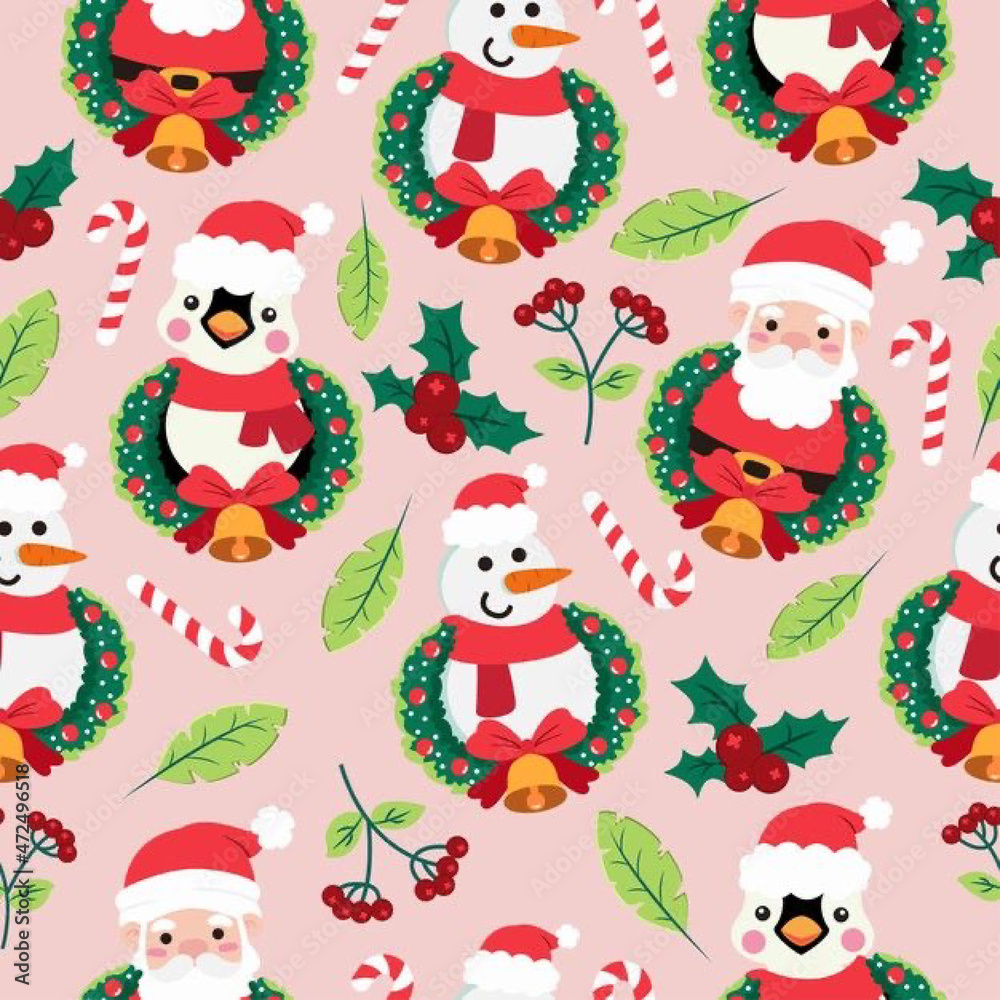 Christmass seamless pattern with snowmans, wreath and Santa Claus.Beautiful christmas seamless pattern Christmass seamless pattern with snowmans, wreath and Santa Claus.Beautiful christmas seamless pattern