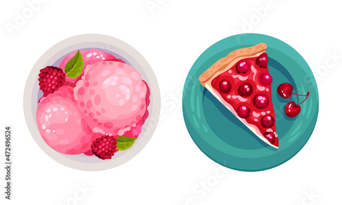 Sweet tasty desserts set. Ice cream and piece of fruit pie confectionery sweets vector illustration
