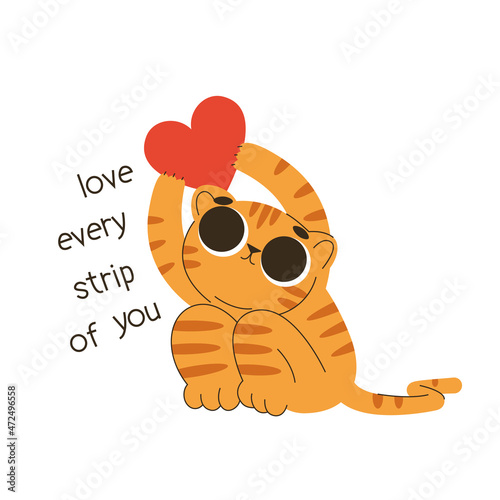 2022 New year greeting card. Cute tiger cartoon vector illustration. Symbol of new year 2022. Tiger cub holds a heart in its paws. Declaration of love. Postcard for a loved one.