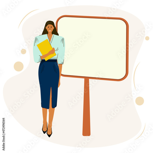 A dark-haired white woman in an office suit and classic high-heeled shoes with a yellow folder in hands near a stand with a place for an inscription. Vector illustration in flat style	 photo