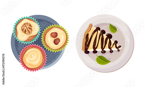 Sweet tasty desserts set. Cupcakes and piece of cheesecake, confectionery sweets vector illustration