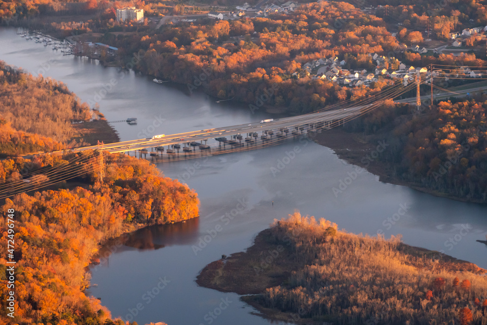 Aerial view of a bridge over the James River in Autumn