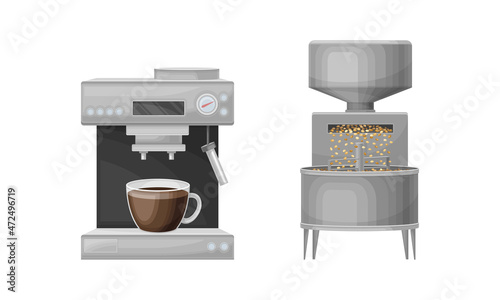 Coffee industry production. Drying of harvested beans and coffee machine vector illustration