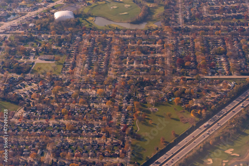 Aerial view of a suburban neighborhood in the Fall season