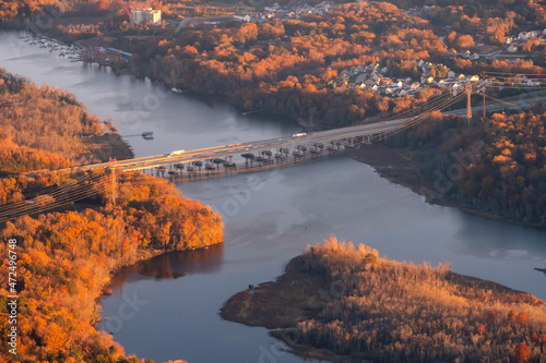 Aerial view of a bridge over the James River in Autumn