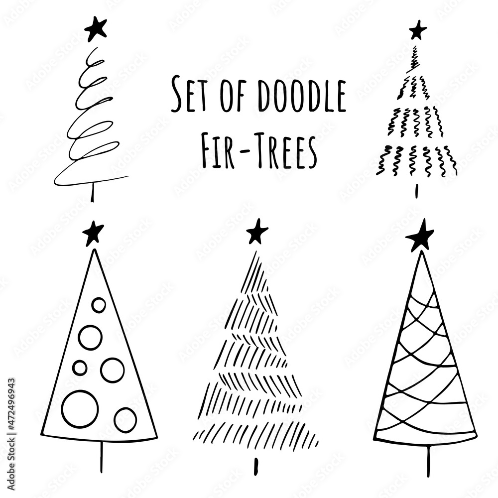 Set of Hand drawn stylized christmas trees in doodle style. Stock vector illustration