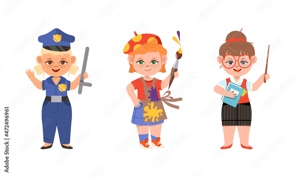 Kids of various professions set. Policeman, teacher, painter cartoon vector illustration Kids of various professions set. Policeman, teacher, painter cartoon vector illustration