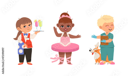 Kids of various professions set. Waitress, ballerina, veterinarian cartoon vector illustration