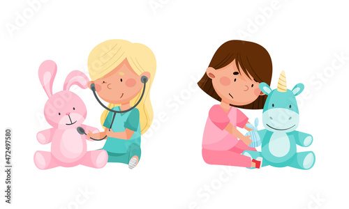 Cute kids playing doctors set. Girl curing their toys with medical tools cartoon vector illustration