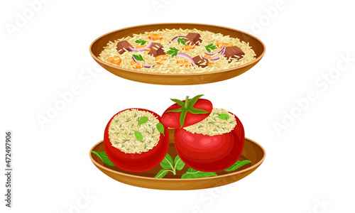 Arabian cuisine dishes set. Pilaf and stuffed peppers vector illustration