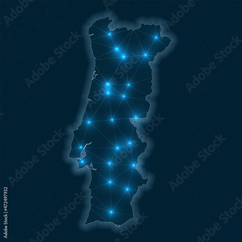 Portugal network map. Abstract geometric map of the country. Digital connections and telecommunication design. Glowing internet network. Artistic vector illustration.