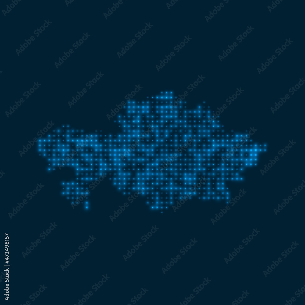 Kazakhstan dotted glowing map. Shape of the country with blue bright bulbs. Vector illustration.