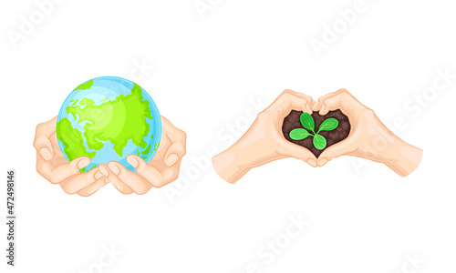 Human hands holding Earth globe and green sprout. Environmental protection, ecology concept vector illustration