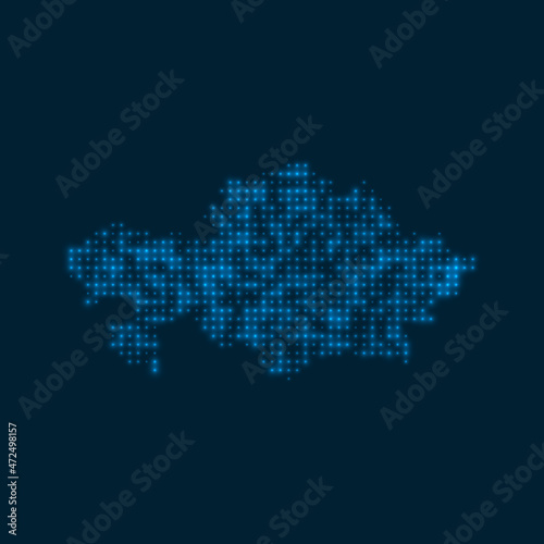 Kazakhstan dotted glowing map. Shape of the country with blue bright bulbs. Vector illustration.