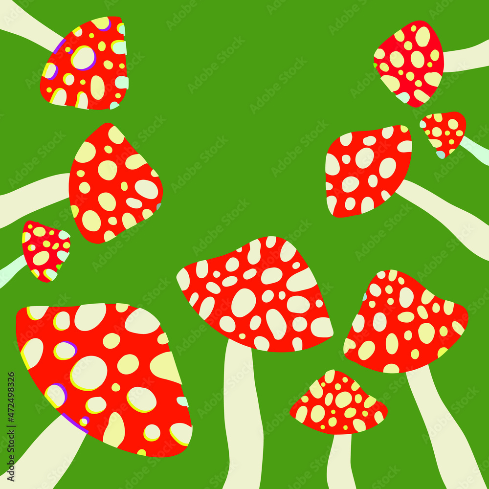 Red poisonous mushroom isolated on a green background background. Vector illustration. Flat design, hand-drawn, cartoon. Red poisonous mushroom isolated on a green background background. Vector illustration. Flat design, hand-drawn, cartoon.