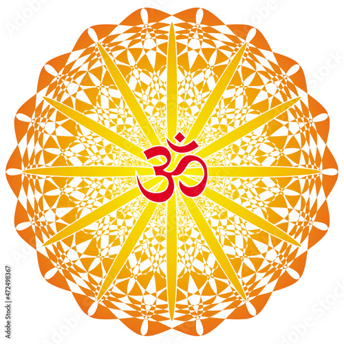 Mandala art with om, aum, ohm sign in center. Spiritual symbol and fruits. Vector graphics.