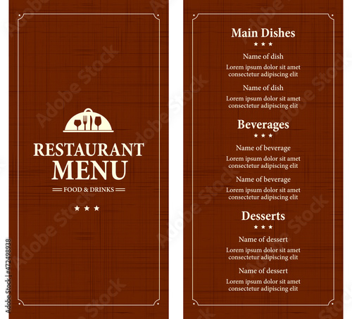 Restaurant menu food and drinks on a retro style. Menu template on a brown background