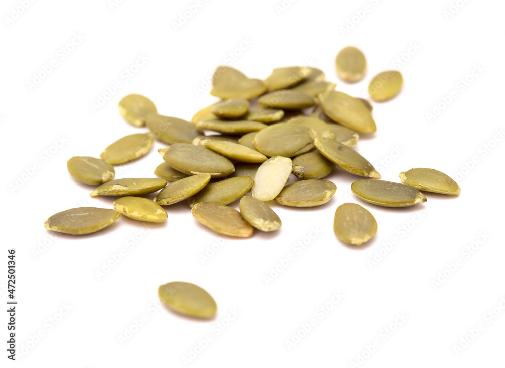 Hulled pumpkin seeds isolated on white background
Hulled pumpkin seeds isolated on white background