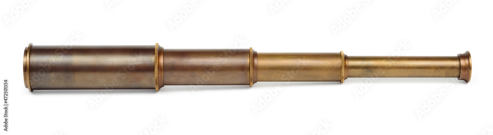 Ancient spyglass isolated on a white background. Clipping path included - obrazy, fototapety, plakaty 