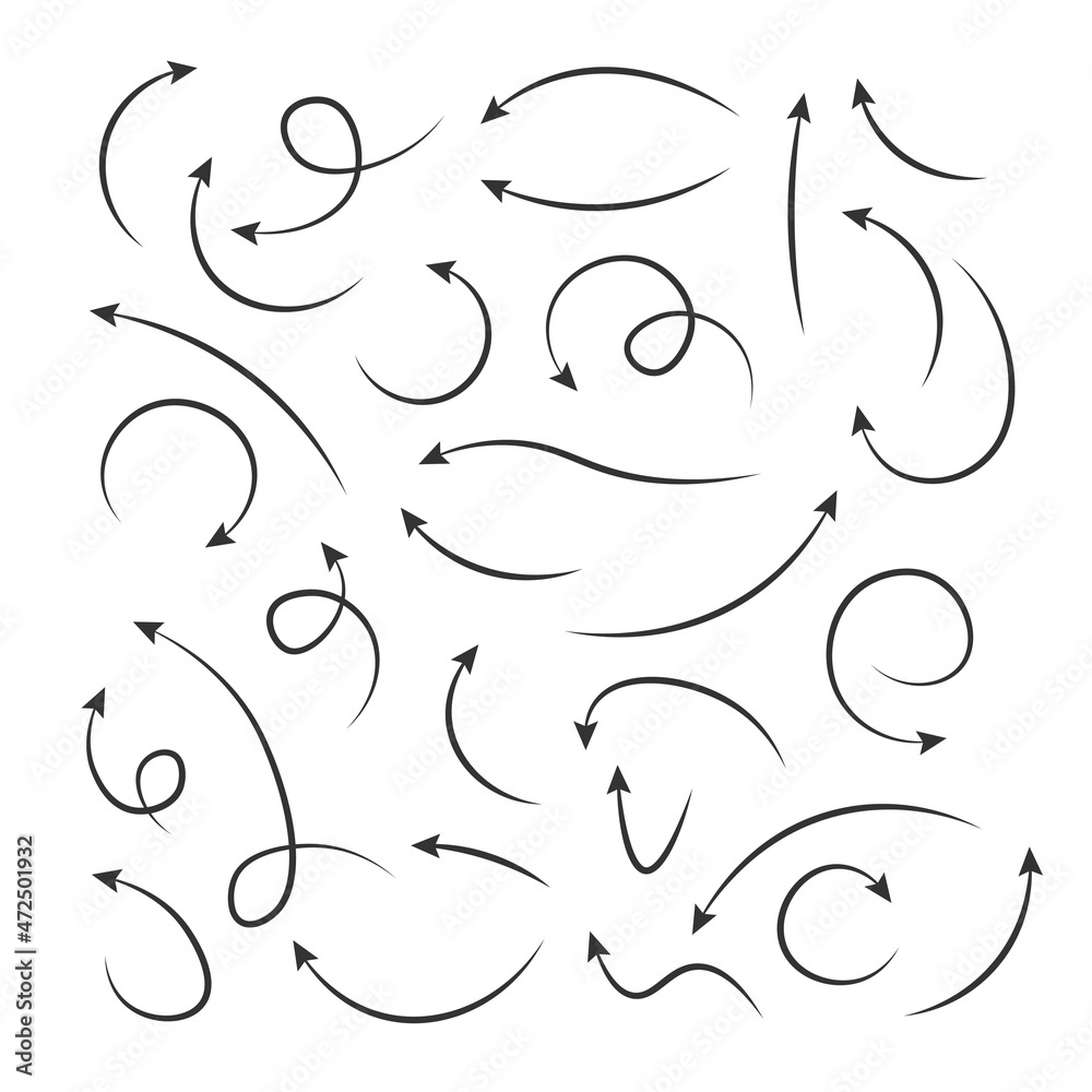 Vector line arrows. Collection of black direction symbols. Drawing arrow isolated on white background. Graphic design elements for business plan and education. Vector line arrows. Collection of black direction symbols. Drawing arrow isolated on white background. Graphic design elements for business plan and education.