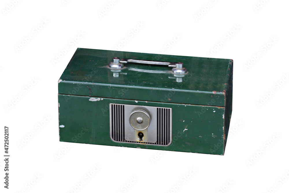 side view di cut Ancient Safe, a strong metal box with a  complicatrd lock on white background, object, copy space