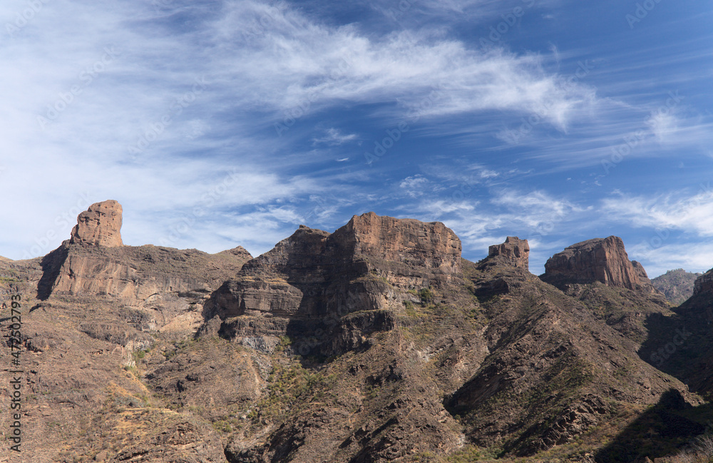 Fototapeta premium Gran Canaria, landscape of the central mountainous part of the island, Landscapes around hiking route in Barranco de Siberio valley, edge of nature park Pajonales