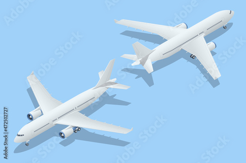 Isometric Airplanes on Blue Background. Industrial Blueprint of Airplane. Airliner A-320 in Top