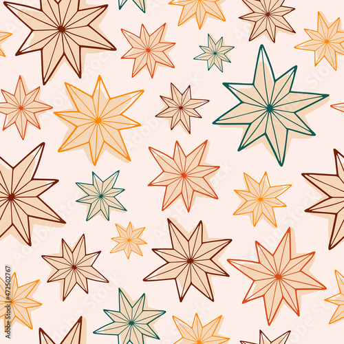 Festive star seamless pattern. Hand drawn Christmas stars in vintage colors for wrapping paper or greeting card background. Vector illustration