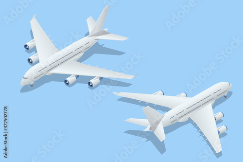 Isometric Airplanes on Blue Background. Industrial Blueprint of Airplane. Airbus Industries EADS Airbus A380 super jumbo large wide body passenger