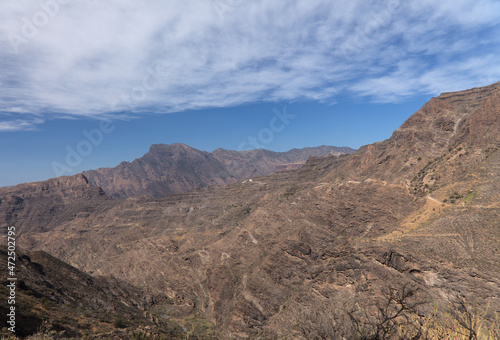 Gran Canaria, landscape of the central mountainous part of the island, Landscapes around hiking route in Barranco de Siberio valley, edge of nature park Pajonales 