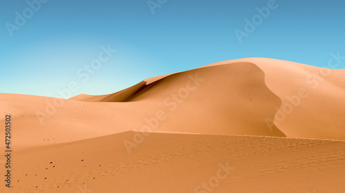 Bright yellow dunes and teal sky. Desert dunes landscape with contrast skies. Minimal abstract background. 3d rendering