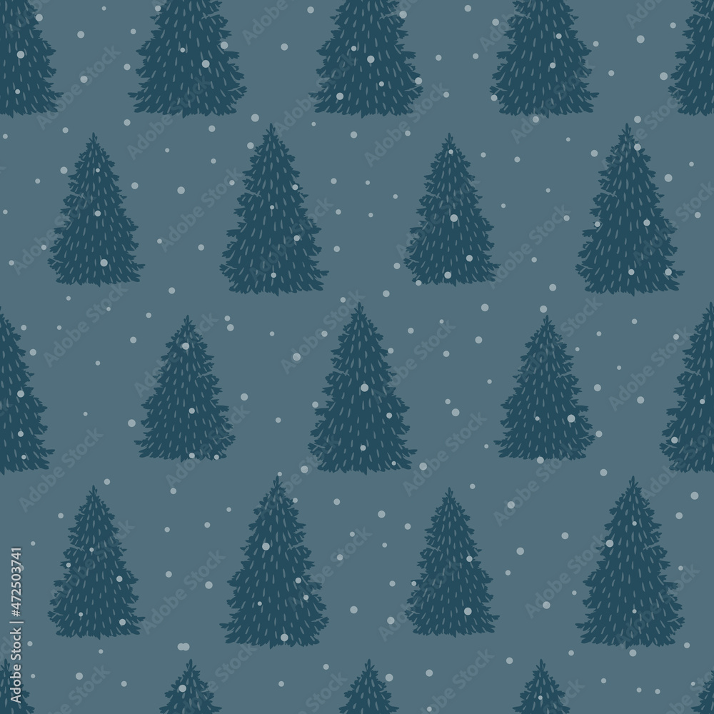 Seamless pattern of winter spruce forest. Stylized blue fir trees on a blue background. Snow is falling. Christmas and New Year are coming soon. Design for postcards, gift wrapping, wallpaper,textiles Seamless pattern of winter spruce forest. Stylized blue fir trees on a blue background. Snow is falling. Christmas and New Year are coming soon. Design for postcards, gift wrapping, wallpaper,textiles