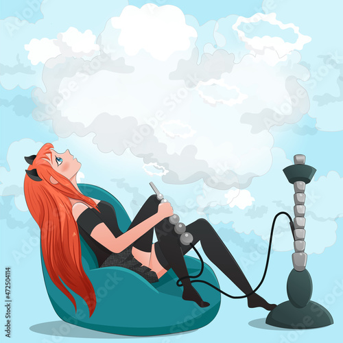 Anime girl smoking hookah. Redhead woman laying in bean bag chair in smoke clouds.