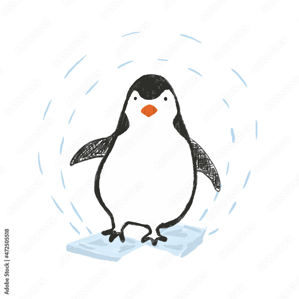 Naklejka Cute sketch hand drawn color pencil cheerful penguin illustration. Bright cartoon childish polar water bird for kids print design, textile decoration, greeting cards, print, stickers, logo
