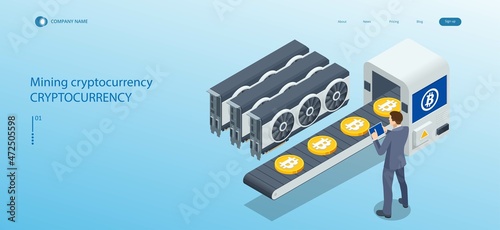 Isometric Cryptomining farm concept. Cryptocurrency Mining Equipment. Mining cryptocurrency Coin Using GPU Card