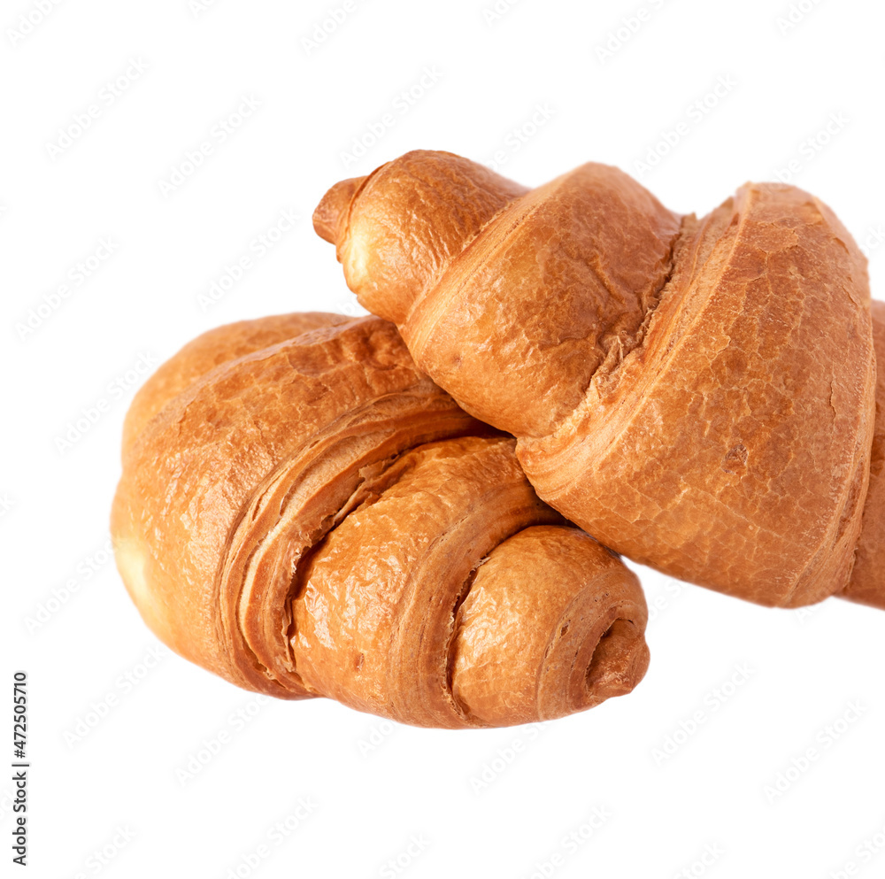 Two French croissants isolated on white background. French pastries.